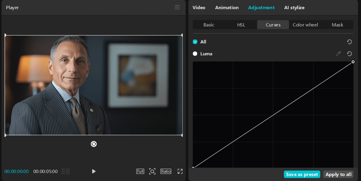 Showing the Curves tool for color correction in CapCut