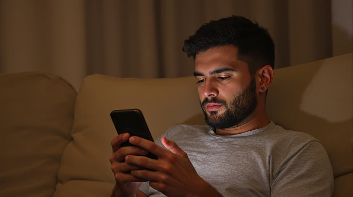 Man sitting on the couch watching content on his phone