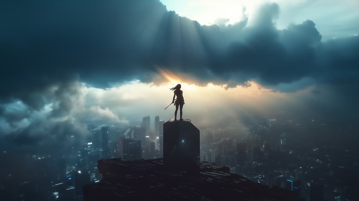 Female warrior standing triumphant atop corporate skyscraper, storm clouds parting to reveal sunbeams