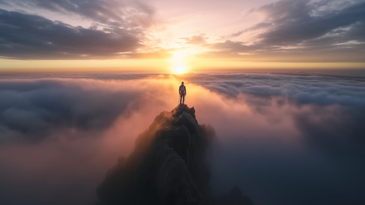 Mountain climber reaching summit at sunset, fog rolling below, rays of light breaking through clouds