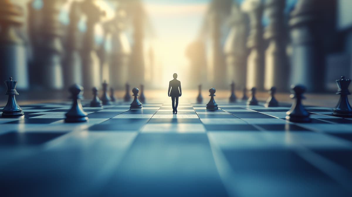 Tall dark figure walking on a chess board, surrounded by pawns