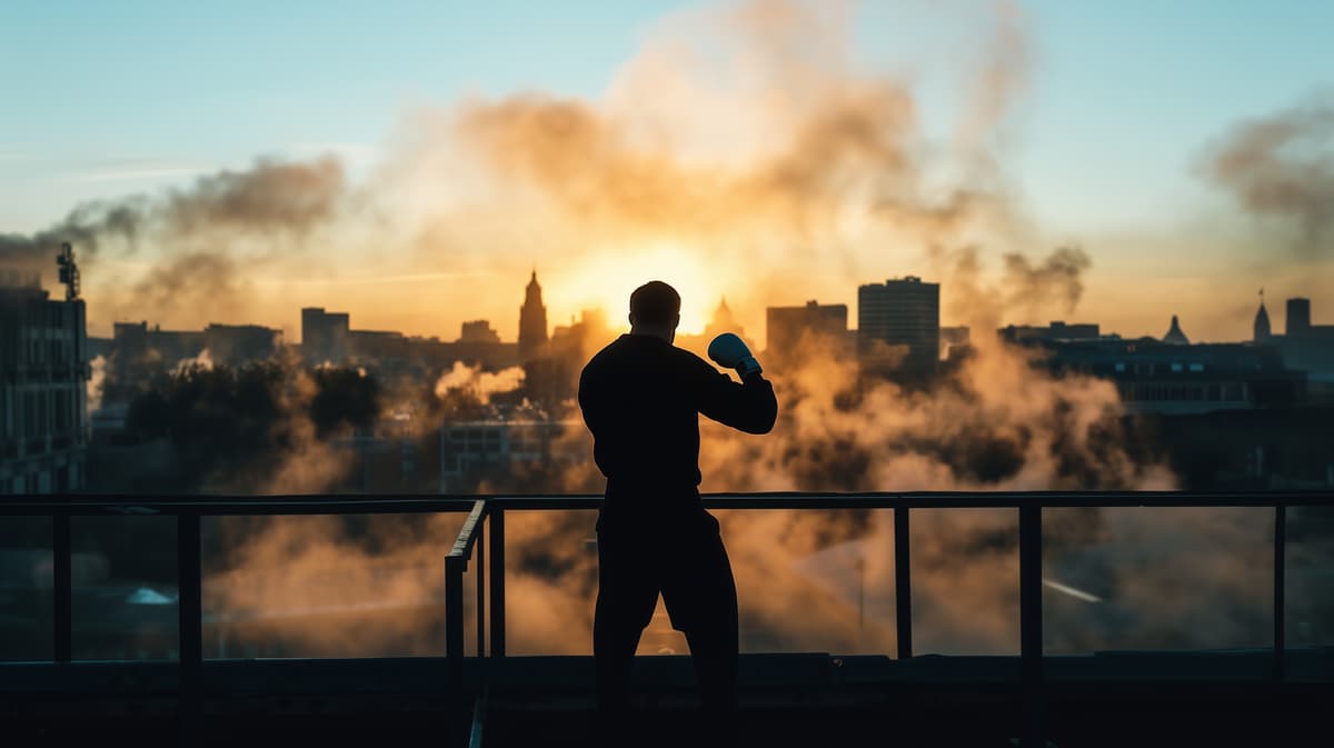 Rocky balboa style boxer silhouette against urban dawn skyline