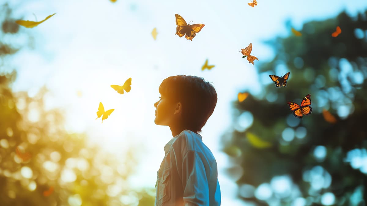 Young student surrounded by butterflies