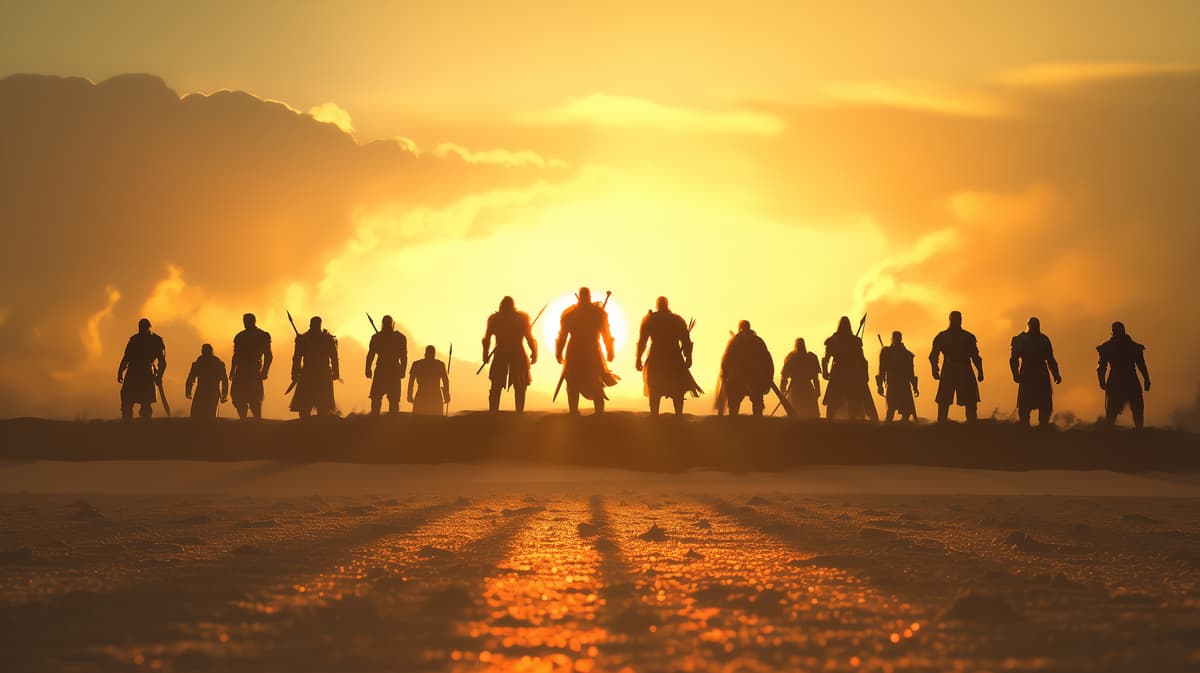 Warriors of different professions standing united, backlit by golden sun