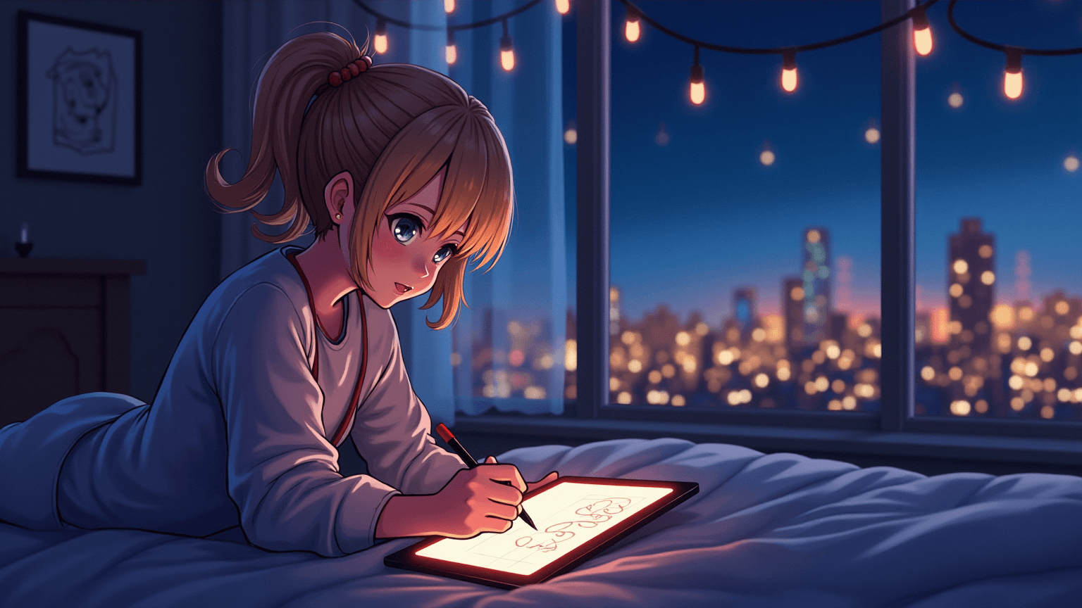 Classic LoFi style anime art showing a girl in front for a rainy window overlooking the cityscape