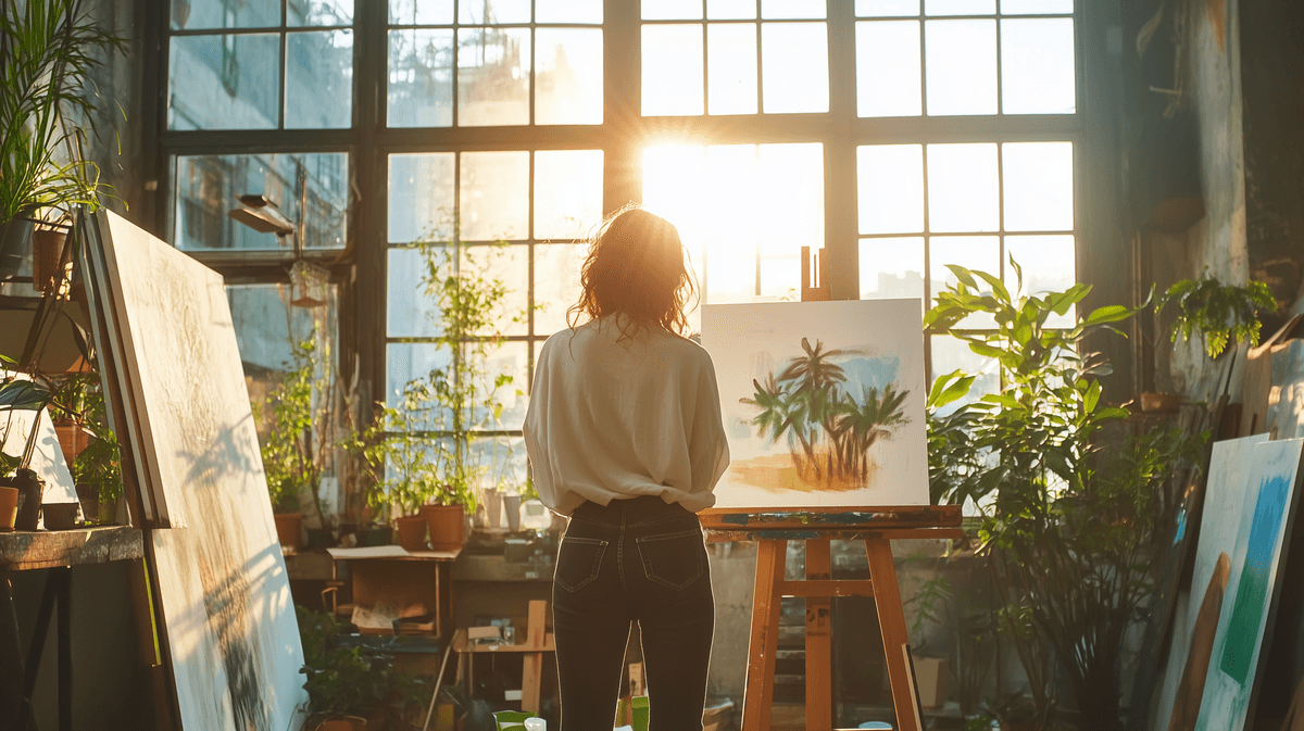 An artist paints a beautiful piece in her apartment