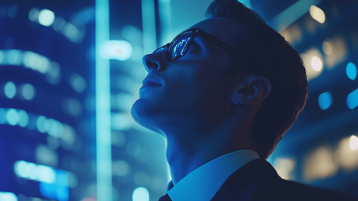 Business man looking to the sky, surrounded by skyscrapers