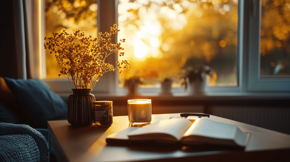 Mornign sun shows items on the desk for healthy morning ritual