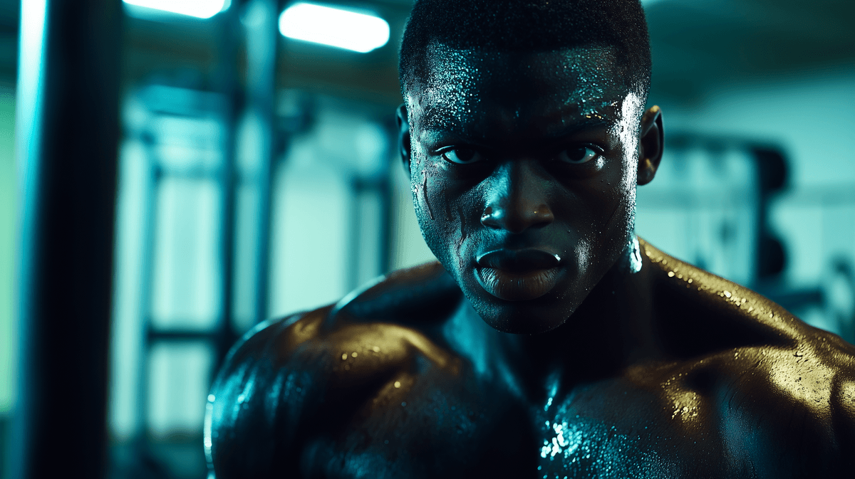 Muscular man drenched in sweat after a workout