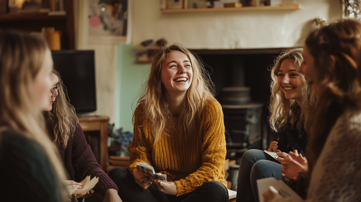 Friends sitting around smiling and discussing issues