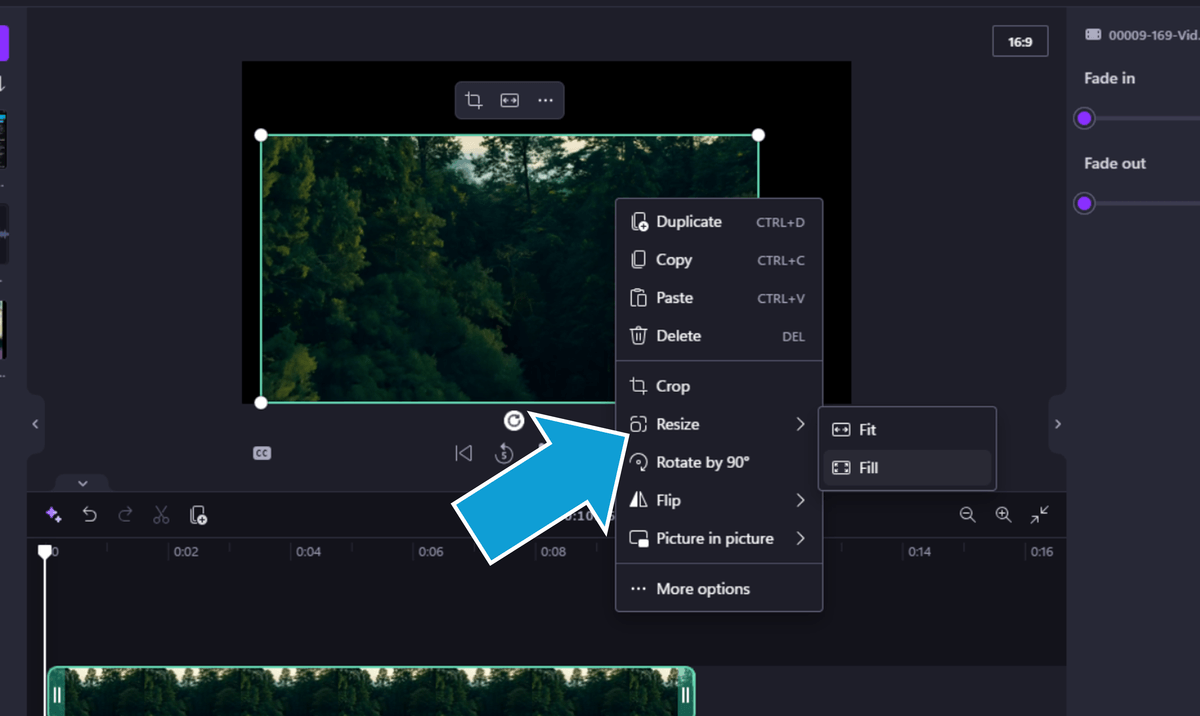 Using fit or fill to automatically size video in Clipchamp